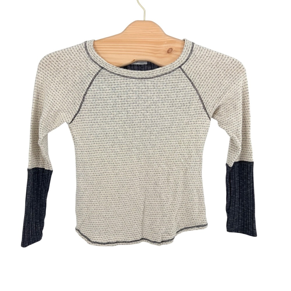 Ces Femme Waffle Knit Top Med Cream Charcoal Raglan Ribbed Back Contrast Scoop